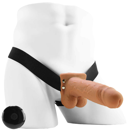 7 Inch Hollow Vibrating Strap-On with Remote in Tan