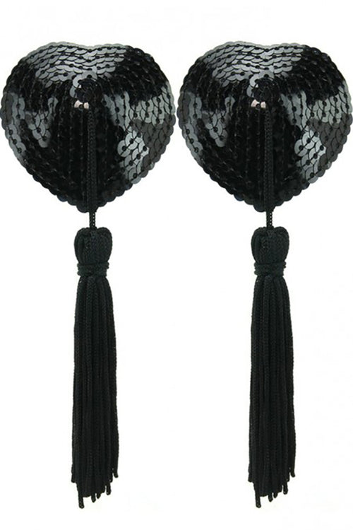 Sequined Heart Pasties With Tassels in Black