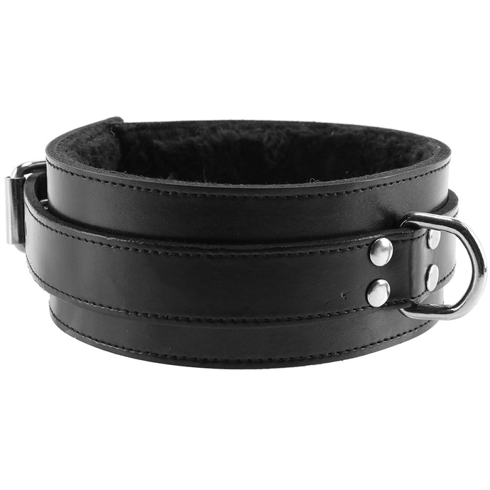 Furry Lined Leather Collar in Black